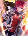  1girl aether_sage_(elsword) aisha_(elsword) back-to-back bracelet cloak elsword elsword_(character) eyebrows_visible_through_hair fingerless_gloves fire gem gloves gradient_eyes highres jewelry knight_emperor_(elsword) lium multicolored multicolored_eyes red_hair shoulder_armor smile 