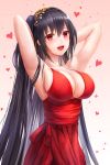  :d armpits arms_up azur_lane bangs black_hair blush breasts brown_background choker cleavage cocktail_dress commentary_request dress eyebrows_visible_through_hair gradient gradient_background hair_between_eyes hair_ornament head_tilt heart highres large_breasts long_hair looking_at_viewer lunacle one_side_up open_mouth red_choker red_dress red_eyes sleeves_past_wrists smile solo taihou_(azur_lane) very_long_hair white_background 