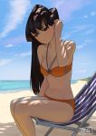  adjusting_hair artist_name beach beach_chair bikini black_eyes black_hair blue_sky blurry breasts carlo_montie cleavage collarbone commentary day depth_of_field head_tilt komi-san_wa_komyushou_desu komi_shouko light_blush light_smile long_hair looking_at_viewer medium_breasts navel ocean shade sitting sky solo stomach swimsuit yellow_bikini 