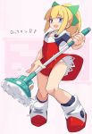  :d blonde_hair blue_eyes commentary_request dress full_body holding karukan_(monjya) knees_together_feet_apart long_hair mop open_mouth panties panty_peek ponytail red_dress ribbon rockman rockman_(classic) roll short_dress smile solo underwear white_panties wind wind_lift 
