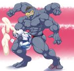  2018 2_toes 5_fingers abs anthro balls biceps big_balls blue_skin bulge clothed clothing cum cum_through_clothing cumshot digitigrade ejaculation fist flexing grin humanoid_penis hungothenomster looking_down machamp male masturbation muscular muscular_male muscular_thighs nintendo nipples orgasm pecs penile_masturbation penis penis_outline penis_shaped_bulge pink_background pok&eacute;mon pok&eacute;mon_(species) red_eyes sharp_teeth simple_background smile solo standing teeth thick_penis tight_underwear toes topless two_tone_background underwear video_games white_background 