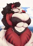  2018 anthro arcanine big_breasts blush breasts camel_toe cleavage clothed clothing digital_media_(artwork) fan_character female huge_breasts lycanroc midnight_lycanroc nintendo nipple_bulge overweight pok&eacute;mon pok&eacute;mon_(species) scar secretly_saucy solo swimsuit tharja_(justkindofhere) thick_thighs under_boob video_games zoroark 