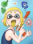  1girl blue_eyes domino_mask dondoruma female inkling looking_at_viewer mask nes_zapper nintendo open_mouth pointy_ears solo splatoon teeth tongue tongue_out 