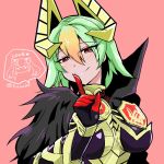  armor bangs breasts cape commentary_request dark_skin english feather_trim fire_emblem fire_emblem_heroes gradient_hair green_hair hair_ornament index_finger_raised jewelry laegjarn_(fire_emblem_heroes) laevateinn_(fire_emblem_heroes) lips lipstick makeup multicolored_hair orange_hair pink_background red_eyes short_hair smile solo twitter_username yukia_(firstaid0) 