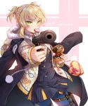  1girl alternate_costume bangs black_coat blonde_hair blue_legwear blush bow box braid buttons candy chocolate chocolate_heart double-breasted finger_on_trigger food food_in_mouth girls_frontline green_eyes gun heart heart-shaped_box holding holster ika_(4801055) jacket looking_at_viewer open_clothes open_jacket open_mouth pantyhose pointing_weapon red_bow red_ribbon ribbon shirt short_hair signature skirt solo thigh_holster twintails twitter_username valentine weapon welrod_mk2 welrod_mk2_(girls_frontline) 