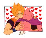  antennae arm_around_shoulder blonde_hair blush cape cheek-to-cheek closed_eyes dragon_ball dragon_ball_z fingernails green_eyes grin hand_on_another's_chest heart heart_background looking_at_viewer majin_buu male_focus multiple_boys onkywi outside_border plump purple_cape short_hair simple_background smile son_gokuu speech_bubble spiked_hair super_saiyan translation_request white_background wristband 