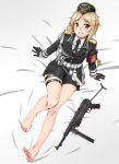  armband barefoot belt blonde_hair brown_eyes commentary_request feet garrison_cap girls_frontline gloves gun hat highres kirochef korean_commentary legs military military_uniform mp40 mp40_(girls_frontline) necktie short_hair smile solo submachine_gun toes uniform weapon 