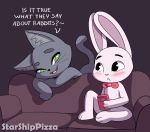  ambiguous_gender anthro ashe_(starshippizza) beau_(starshippizza) black_eyes black_nose blush cat dialogue duo english_text feline fur green_eyes grey_fur grey_tail lagomorph long_tail mammal rabbit simple_background smile sofa starshippizza sweat text 