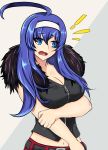  /\/\/\ 1girl ahoge bangs belt blue_eyes blue_hair blush breasts carmine carmine_(cosplay) cleavage commentary commentary_request cosplay fur_collar hair_between_eyes hairband highres holding_arm huge_ahoge kitkatfox87 large_breasts long_hair midriff navel orie_(under_night_in-birth) solo under_night_in-birth white_hairband zipper 