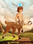  2015 5_fingers antlers brown_fur brown_hair cervine day deertaur detailed_background digital_media_(artwork) fur grass hair hooves horn mammal maplespyder outside sky solo standing taur 