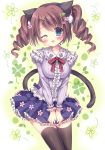  ;d absurdres animal_ears bangs blue_eyes blush bow breasts brown_legwear cat_ears cat_girl cat_tail center_frills collarbone drill_hair eyebrows_visible_through_hair fingernails flower frilled_shirt frilled_skirt frills hair_between_eyes hair_flower hair_ornament hairclip head_tilt highres kouta. leaf_hair_ornament long_hair medium_breasts one_eye_closed open_mouth original pink_flower pleated_skirt purple_shirt purple_skirt red_bow shirt sidelocks skirt smile solo tail tail_raised thighhighs twin_drills twintails x_hair_ornament 