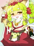  1girl brown_eyes cat character_request fullbokko_heroes furry green_hair japanese_clothes long_hair solo takeshi_kemo 