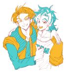  :d arm_around_shoulder blush dragon_ball dragon_ball_z eyelashes fingernails grin happy jacket long_sleeves looking_at_viewer male_focus multiple_boys onkywi open_mouth shirt short_hair simple_background smile son_goten thumbs_up trunks_(dragon_ball) upper_body white_background 