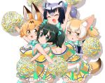  alternate_costume alternate_hairstyle animal_ear_fluff animal_ears bare_shoulders black_hair blonde_hair blue_eyes bow bowtie cheerleader closed_eyes commentary_request common_raccoon_(kemono_friends) crop_top eyebrows_visible_through_hair fennec_(kemono_friends) fox_ears fox_tail frilled_skirt frills grey_hair hair_tie highres inaba31415 kaban_(kemono_friends) kemono_friends kemono_friends_festival matching_hairstyle matching_outfit midriff multicolored_hair multiple_girls navel pleated_skirt pom_poms raccoon_ears raccoon_tail serval_(kemono_friends) serval_ears short_hair short_twintails skirt sleeveless tail thighhighs twintails yellow_eyes zettai_ryouiki 