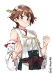  :} bangs bare_shoulders blush breasts brown_hair clenched_hands commentary_request cropped_legs detached_sleeves ebifurya flipped_hair gold_trim green_skirt grey_eyes hairband hands_up headgear hiei_(kantai_collection) highres kantai_collection lips long_sleeves looking_at_viewer medium_breasts nontraditional_miko ribbon-trimmed_sleeves ribbon_trim sash shiny shiny_hair short_hair simple_background skirt smile solo twitter_username v-shaped_eyebrows white_background white_sleeves wide_sleeves 