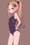  abigail_williams_(fate/grand_order) alternate_hairstyle bangs bare_arms bare_shoulders black_bow black_swimsuit bow breasts brown_background commentary_request coraman covered_navel eyebrows_visible_through_hair fate/grand_order fate_(series) forehead hair_bow hand_on_hip high_ponytail highres light_brown_hair long_hair looking_at_viewer one-piece_swimsuit orange_bow parted_bangs parted_lips polka_dot polka_dot_bow ponytail school_swimsuit sidelocks simple_background small_breasts solo standing swimsuit very_long_hair 