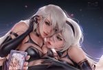  2girls adjusting_hair armlet bad_artstation_id bad_id bangs bare_shoulders black_gloves black_hairband blue_eyes breasts cellphone cellphone_picture cleavage daria_leonova detached_sleeves elbow_gloves eyebrows_visible_through_hair ffm_threesome fingerless_gloves gloves grey_eyes group_sex hairband hetero holding holding_cellphone holding_phone implied_paizuri large_breasts long_hair looking_at_another looking_at_viewer lying mole mole_under_mouth multiple_girls navel nier_(series) nier_automata on_back parted_lips phone pink_lips pov recording robot_joints short_hair silver_hair smartphone taking_picture tank_top threesome viewfinder yorha_no._2_type_b yorha_type_a_no._2 