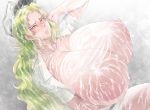  1girl areolae bleach blush breasts breasts_outside candice_catnipp cap collarbone cum cum_on_body curvy gigantic_breasts green_eyes green_hair hair_between_eyes head_tilt large_areolae long_hair looking_at_viewer nipples no_bra ogura_anko open_clothes open_mouth puffy_nipples shiny shiny_skin sitting skindentation smile solo 