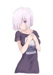  bangs black_shirt blush breasts closed_mouth collarbone commentary_request cropped_torso eyebrows_visible_through_hair fate/grand_order fate_(series) hair_over_one_eye hands_on_own_chest hands_up highres jilu light_smile mash_kyrielight medium_breasts own_hands_together print_shirt purple_eyes purple_hair shirt short_sleeves simple_background solo white_background 