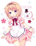  :d angora_rabbit animal apron bitter_crown black_bow black_hairband black_hat blush bow bunny character_name collared_dress commentary_request dress gochuumon_wa_usagi_desu_ka? hair_bow hairband hat hoto_cocoa light_brown_hair long_hair mini_hat mini_top_hat open_mouth pink_dress pleated_dress purple_eyes red_bow smile striped tippy_(gochiusa) top_hat vertical-striped_dress vertical_stripes white_apron white_background wrist_cuffs 