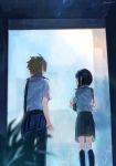  1girl bag bangs black_hair black_legwear blonde_hair boku_no_hero_academia highres hoshimori jirou_kyouka kaminari_denki kneehighs looking_at_another rain school_uniform short_hair short_sleeves skirt u.a._school_uniform wet 