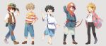  5boys ashitaka ashitaka_(cosplay) bag bakugou_katsuki belt black_hair black_pants blonde_hair boku_no_hero_academia bow_(weapon) brown_eyes brown_footwear character_request cosplay denim frown glasses gloves green_eyes grey_background grey_eyes haku_(sen_to_chihiro_no_kamikakushi) haku_(sen_to_chihiro_no_kamikakushi)_(cosplay) hand_on_hip highres hood howl_(howl_no_ugoku_shiro) howl_(howl_no_ugoku_shiro)_(cosplay) howl_no_ugoku_shiro jacket jeans kaminari_denki kirishima_eijirou looking_at_viewer majo_no_takkyuubin male_focus midoriya_izuku mononoke_hime multicolored_hair multiple_boys open_mouth pants pazu pazu_(cosplay) pouch red_hair red_hood sandals sen_to_chihiro_no_kamikakushi shirt shoes smile spiked_hair standing tenkuu_no_shiro_laputa todoroki_shouto tombo two-tone_hair uppi vest weapon white_hair white_shirt 