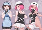  1girl bandanna bike_shorts creatures_(company) embarrassed fingerless_gloves game_freak gloves gosannana hat nintendo pink_hair pokemon pokemon_(game) pokemon_sm short_shorts shorts team_skull team_skull_grunt translation_request visor_cap 