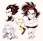  5boys ? alternate_hairstyle antennae bald bangs black_shirt blue_eyes blue_flower close-up confused dragon_ball dragon_ball_z expressionless eyebrows_visible_through_hair eyelashes face father_and_son flower frown green_ribbon grin hair_ornament hair_ribbon hairclip heart jacket kuririn looking_away looking_down male_focus multiple_boys onkywi piccolo pink_ribbon pointy_ears polka_dot_ribbon purple_flower purple_hair ribbon shirt simple_background smile son_gokuu speech_bubble star trunks_(dragon_ball) twintails upper_body vegeta white_background yellow_ribbon 