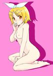  blonde_hair bow breasts feet gold_eyes highres kagamine_rin nipples nude rin_kagamine simple_background vocaloid yellow_eyes 