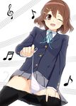  bad_id bad_pixiv_id brown_eyes brown_hair gin_(ginshari) hair_ornament hairclip highres hirasawa_yui k-on! musical_note one_eye_closed panties pantyhose pantyhose_pull school_uniform short_hair side-tie_panties solo striped striped_panties underwear undressing untied untied_panties 