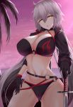  :o ahoge ass_visible_through_thighs awu bangs bikini black_bikini black_choker black_gloves black_jacket breasts choker cleavage commentary cowboy_shot cropped_jacket day eyebrows_visible_through_hair fate/grand_order fate_(series) gloves hair_between_eyes highres jacket jeanne_d'arc_(alter_swimsuit_berserker) jeanne_d'arc_(fate)_(all) katana large_breasts long_hair navel o-ring o-ring_bikini o-ring_bottom o-ring_top ocean palm_tree purple_sky shrug_(clothing) silver_hair solo standing swimsuit sword tree weapon yellow_eyes 