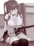  amplifier bangs blush breast_rest breasts cable character_request cleavage closed_eyes collarbone collared_shirt commentary copyright_request covered_nipples electric_guitar eyebrows_visible_through_hair guitar instrument lactation lactation_through_clothes large_breasts long_hair long_sleeves miniskirt noripachi open_mouth original plump shirt side_ponytail sidelocks sitting skirt sleeping sleeping_upright sleeves_rolled_up thick_thighs thighhighs thighs unbuttoned unbuttoned_shirt 