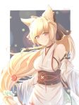  animal_ears artist_name bare_shoulders blonde_hair braid breasts candy_apple character_name closed_mouth commentary detached_sleeves erune eyebrows_visible_through_hair food granblue_fantasy head_tilt highres holding holding_food japanese_clothes kimono long_hair long_sleeves looking_at_viewer medium_breasts obi pink_eyes sash smile solo very_long_hair yuisis_(granblue_fantasy) yukata zakuromu 