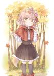 animal_ears autumn autumn_leaves black_legwear boots capelet commentary flower forest hair_flower hair_ornament nature original parted_lips pleated_skirt red_footwear shirt short_hair skirt solo tail tree wataame27 wolf_ears wolf_tail yellow_eyes younger 