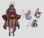  ainezu animal_ear_fluff animal_ears aqua_eyes bare_shoulders belt bracelet breasts choker cleavage commentary_request concept_art dark_skin dollar-cent_shop ears_through_headwear eyeshadow fang fate/grand_order fate_(series) hat high_heels highres jewelry large_breasts legs long_hair makeup midriff navel pouch purple_hair queen_of_sheba_(fate/grand_order) short_shorts shorts simple_background sketch smile solo tail thighs wide_sleeves 