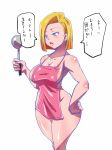  1girl android_18 apron blonde_hair blue_eyes blush bob_cut breasts curvy dragon_ball dragonball_z earrings highres holding hoop_earrings jewelry ladle large_breasts legs legs_together looking_away naked_apron open_mouth rickert_kai shiny shiny_skin short_hair simple_background solo speech_bubble standing thighs translation_request white_background 