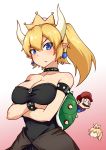  &gt;:/ 2girls armlet bare_shoulders black_dress blonde_hair blue_eyes blush bowsette bracelet breasts can't_be_this_cute cleavage collar commentary crossed_arms crown dream_demon dress earrings eyebrows_visible_through_hair facial_hair fang fang_out forked_eyebrows gradient gradient_background hat horns jewelry long_hair looking_at_viewer mario mario_(series) multiple_girls mustache new_super_mario_bros._u_deluxe ore_no_imouto_ga_konna_ni_kawaii_wake_ga_nai parody pink_background pointy_ears ponytail princess_peach solo_focus spiked_collar spikes super_crown super_mario_bros. triangle_mouth upper_body white_background 