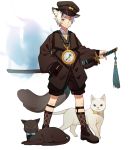  absurdres animal_ear_fluff animal_ears argyle argyle_legwear black_cat black_hat black_shorts blue_bow blue_eyes bow bowtie cat cat_ears full_body hand_in_pocket hat highres katana limao_jun looking_at_viewer mole mole_under_eye original sheath sheathed shorts simple_background socks solo standing sword tassel watch weapon white_background white_cat white_hair yellow_bow yellow_eyes 