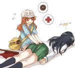  bag bangs baseball_cap black_hair black_legwear blouse blunt_bangs casual character_name comic commentary cosplay doughnut flag flying_sweatdrops food frown girls_und_panzer giving_up_the_ghost green_shirt green_skirt grey_shorts halo hands_on_ass hat hataraku_saibou kneehighs long_hair long_sleeves looking_at_another lying miniskirt multiple_girls on_stomach ooarai_school_uniform open_mouth orange_eyes orange_hair platelet_(hataraku_saibou) platelet_(hataraku_saibou)_(cosplay) pleated_skirt red_cross red_flag reizei_mako satchel school_uniform seiza shirt short_shorts short_sleeves shorts silent_comic simple_background sitting skirt spoken_food spoken_red_cross t-shirt takebe_saori white_background white_blouse white_hat yuuyu_(777) 