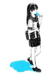  bag bangs black_footwear black_hair eating food full_body highres long_hair nazoani_museum original pinky_out popsicle sailor_collar school_uniform serafuku shadow shoes short_sleeves shoulder_bag simple_background skirt solo spot_color walking white_background 