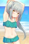  armpits arms_behind_head beach bikini blue_bikini blush cowboy_shot day eyebrows_visible_through_hair grey_hair hair_ribbon kanden_suki kantai_collection kasumi_(kantai_collection) long_hair looking_at_viewer navel ribbon side_ponytail solo stomach swimsuit white_ribbon yellow_eyes 