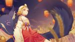  bell bird blurry blurry_foreground chinese_commentary cloud commentary_request depth_of_field detached_sleeves eyebrows hair_ornament hakama highres japanese_clothes jingle_bell kouhaku_nawa lantern limao_jun long_sleeves looking_away looking_up miketsu_(onmyoji) miko mole mole_under_mouth night night_sky onmyoji outdoors paper_lantern red_eyes red_hakama ribbon-trimmed_clothes ribbon_trim shide short_eyebrows short_hair sky sky_lantern twilight wheat white_hair wide_sleeves 