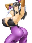  1girl areola_slip areolae ass bare_shoulders black_hair blush breasts bridal_gauntlets cosplay curvy hips huge_breasts kawanuma_uotsuri leotard long_hair long_hsir looking_at_viewer mole morrigan_aensland morrigan_aensland_(cosplay) original pantyhose shiny shiny_clothes shiny_hair shiny_skin simple_background smile solo thick_thighs thighs thong_leotard tongue tongue_out vampire_(game) white_background wide_hips yellow_eyes 