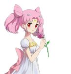  1girl artist_request bishoujo_senshi_sailor_moon chibi_usa crescent double_bun dress facial_mark forehead_mark long_hair looking_at_viewer pink_eyes pink_hair shiny small_lady_serenity standing twintails 