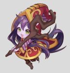  :d animal_ears black_legwear blush boots dress fang full_body green_eyes grey_background happy hat league_of_legends long_sleeves lulu_(league_of_legends) open_mouth pantyhose purple_hair purple_skin simple_background smile solo staff striped uso_(ameuzaki) witch_hat yordle 