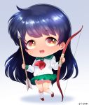  1girl :d arrow bangs born-to-die bow bow_(weapon) chibi eyebrows_visible_through_hair female full_body green_skirt higurashi_kagome holding inuyasha loafers long_hair long_sleeves looking_at_viewer neckerchief open_mouth panties pantyshot pantyshot_(standing) pleated_skirt sailor_collar school_uniform serafuku shiny shiny_hair shirt shoes simple_background skirt smile socks solo standing underwear uniform weapon white_legwear white_panties white_shirt white_sleeves 