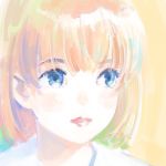  bangs blonde_hair blue_eyes blush close-up highres medium_hair nazoani_museum original portrait solo yellow_background 