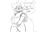  2018 ambiguous_gender anthro backpack black_and_white braixen canine clothed clothing dialogue digital_media_(artwork) english_text eyewear fur glasses looking_at_viewer mammal monochrome nintendo pok&eacute;mon pok&eacute;mon_(species) pokebraix_(artist) simple_background sketch text video_games white_background 