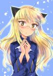  :o animal_ears aohashi_ame bangs blonde_hair blue_jacket cat_ears commentary_request cravat eyebrows_visible_through_hair glasses hands_together highres jacket long_hair long_sleeves military military_uniform parted_lips perrine_h_clostermann petals solo strike_witches uniform white_neckwear wind world_witches_series yellow_eyes 