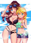  ;d arm_around_waist arm_up bare_arms bikini bikini_under_clothes black_bikini blonde_hair blue_(pokemon) blue_eyes bracelet braid breasts brown_hair cleavage closed_mouth cloud collarbone commentary_request contrapposto cowboy_shot day eyewear_on_head frilled_bikini_top frills green_bikini green_eyes groin hand_in_hair hand_on_another's_head height_difference jewelry large_breasts lens_flare lens_flare_abuse long_hair looking_at_viewer midriff mokorei multiple_girls navel o-ring o-ring_bikini one_eye_closed open_fly open_mouth outdoors pokemon pokemon_special short_shorts shorts side-tie_bikini single_braid sky smile sparkle standing summer sun sunglasses swimsuit teeth unzipped yellow_(pokemon) 